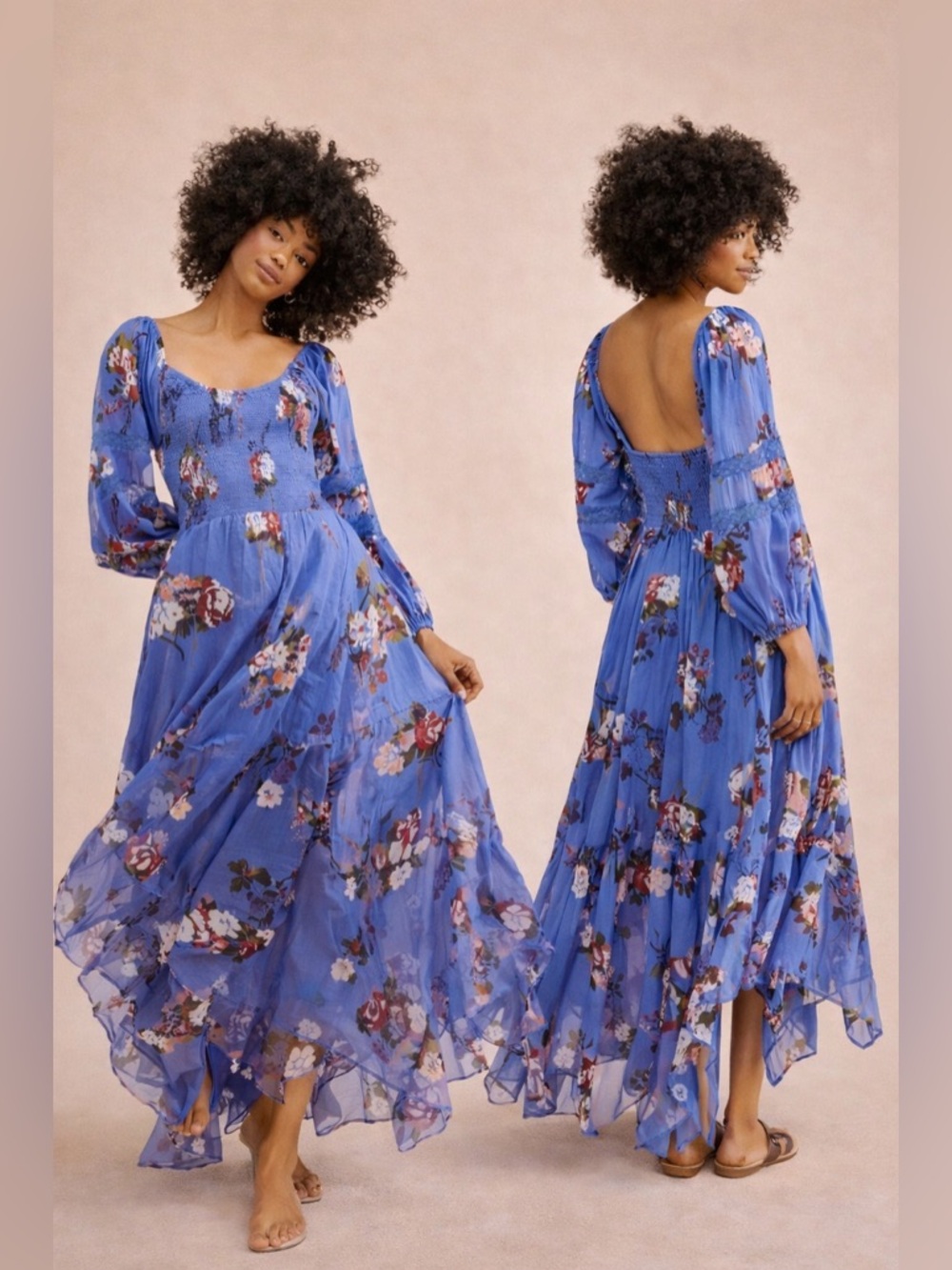 Free People Morning Glory Maxi Dress XS Blue Floral Boho Open Back NWOT Style